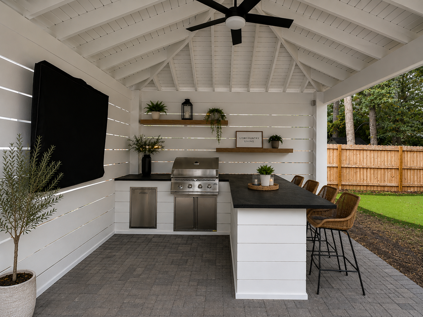Custom outdoor kitchen with grill and stone counter in Mount Pleasant, SC